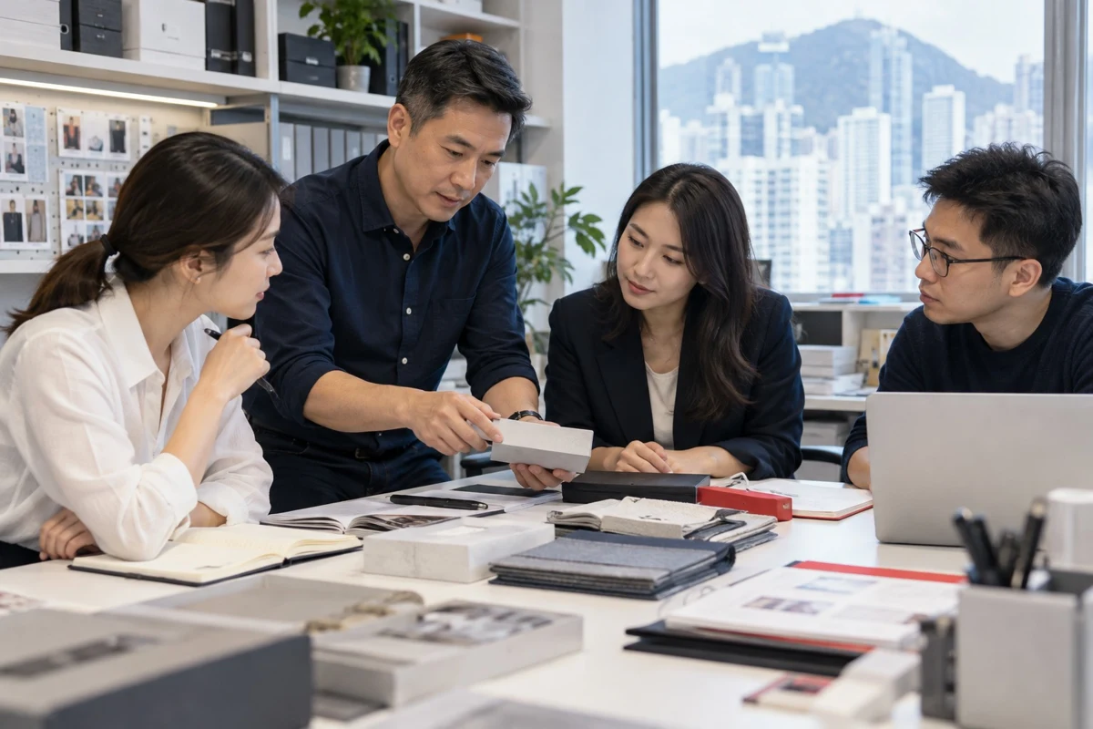 香港企業團隊討論工作的 AI 教學情境圖片